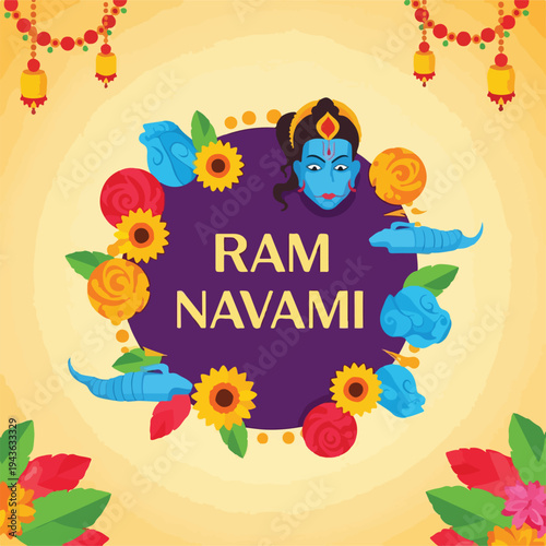 Festive graphic with deity, flowers, and decorations for a religious celebration