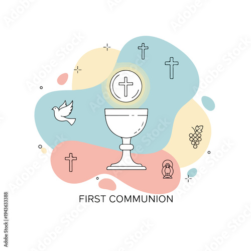 First Communion themed illustration with chalice, cross, dove, and other icons