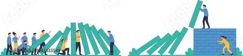 Business teamwork concept with domino effect, team collaboration solving problems and achieving success, leadership strategy and cooperation, flat vector illustration