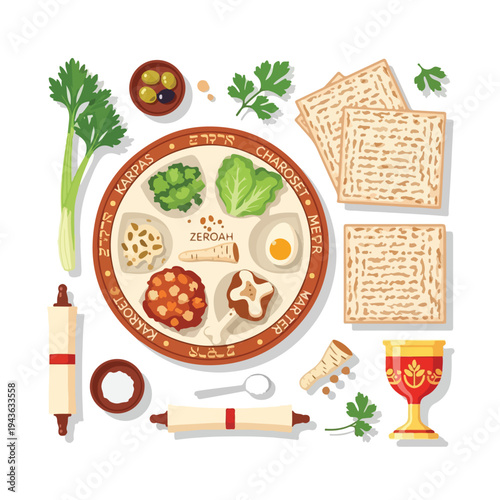 Flat lay illustration of a traditional Passover Seder plate with symbolic foods
