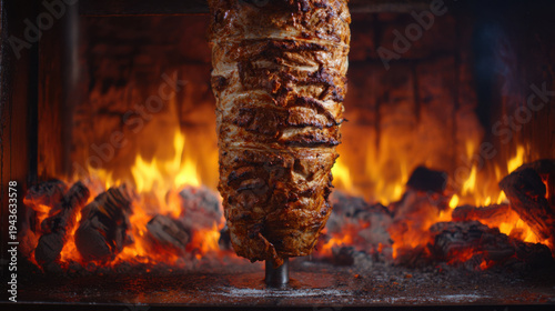 Shawarma meat roasting on vertical rotisserie over fire