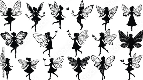 Collection of magical fairy silhouettes with ornate wings and butterflies vector illustration featuring mythical woodland creatures for fantasy garden decoration and stencil design projects