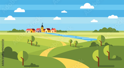 Flat, minimalist landscape showing a town, fields, trees, and sky