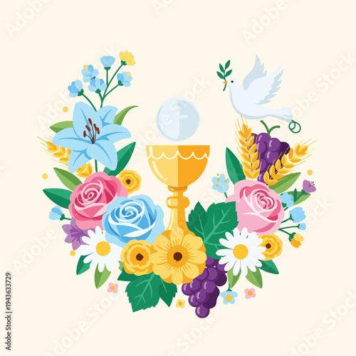 Floral design with chalice, dove, and grapes in a circle