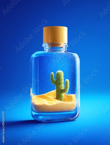 Conceptual perfume bottle terrarium with a central cactus and detailed sand dunes inside