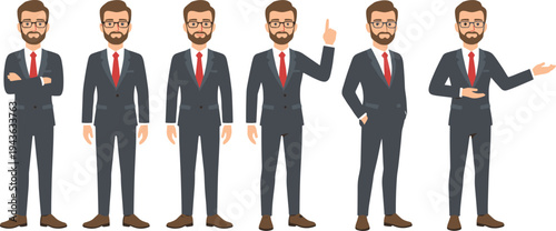 Businessman character poses set, professional male office worker in suit with different gestures and expressions, flat vector illustration for presentation, corporate communication concept