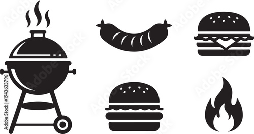Black and white icons of barbecue food and grill