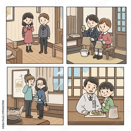 Four-panel cartoon illustrating scenes of everyday life in a vintage style