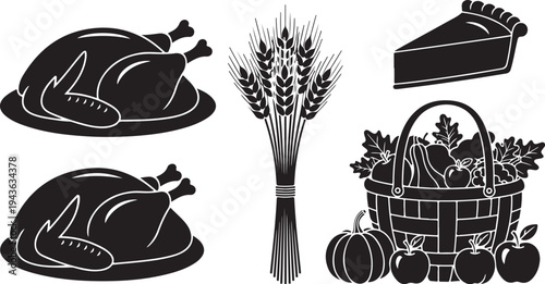 Thanksgiving icons including turkeys and harvest elements illustration set