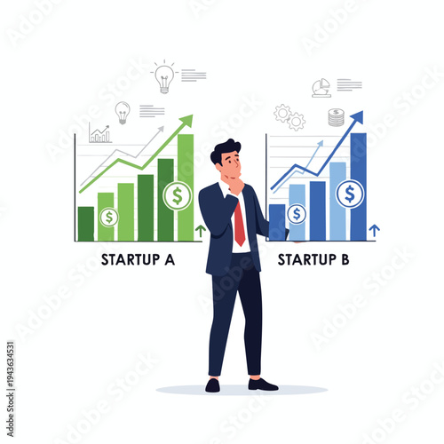 Businessman ponders two contrasting startup growth charts, one green, one blue