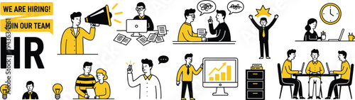 Human resources hiring and recruitment concept with HR team icons, job interview, candidate selection, office teamwork, modern flat vector illustration set