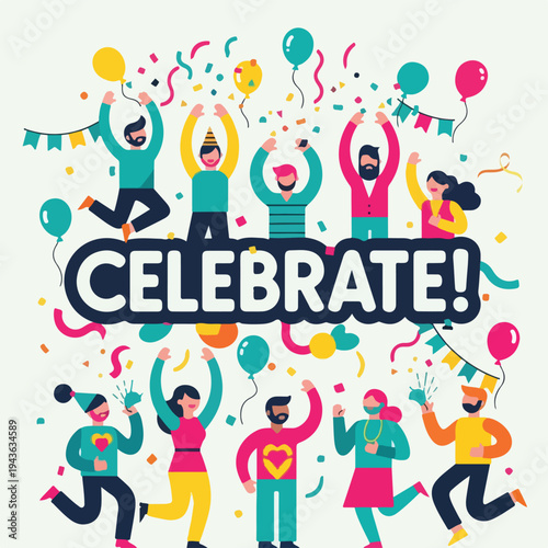 Group of people celebrating with balloons, confetti, and streamers