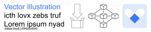Blockchain, data transfer, logistics, decentralized systems, technology, innovation. Diagram showing network nodes and arrow pointing to a box. Blockchain and data transfer concept