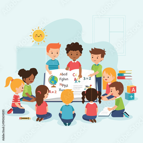 Group of diverse children gather around a book during their lesson time