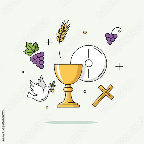 Icons of Christian symbols, including a chalice, grapes, and a dove