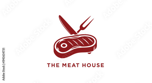Elegant red outline drawing of a steak with a knife and fork, representing a gourmet meat restaurant, on an isolated white background.