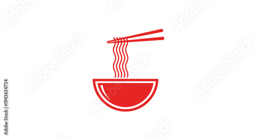 Engaging red outline drawing of a bowl of noodles with chopsticks actively picking up food, representing Asian cuisine on an isolated white background.