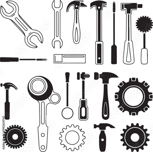 Black and white illustration of various hand tools and equipment