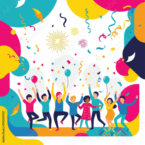 Illustration of a celebratory group dancing with balloons and confetti