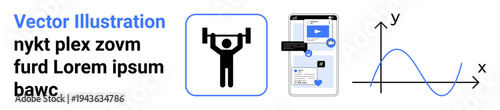Fitness tracking, app development, virtual workout, user interface design, technology innovation, data analysis. Weightlifting icon, smartphone interface graph. Fitness tracking and app development