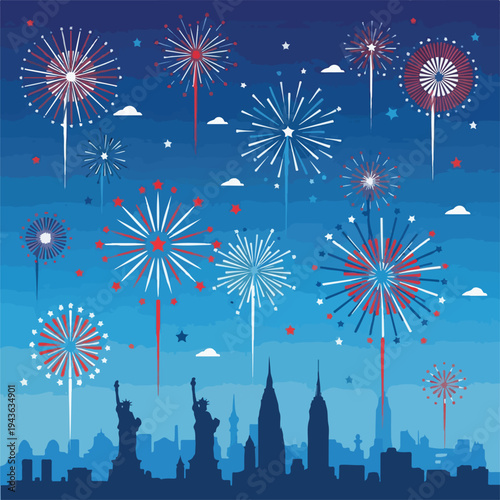 Illustration of a city skyline with fireworks in a patriotic celebration