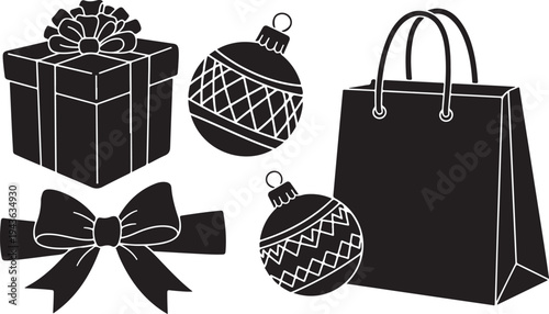 Black and white Christmas icons and gift shopping symbols