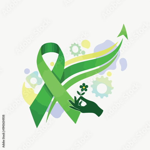 Illustration of a green ribbon, hand with flower, and growth arrow