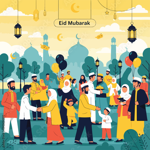 Illustration of a joyous gathering with people, lanterns, and a mosque background