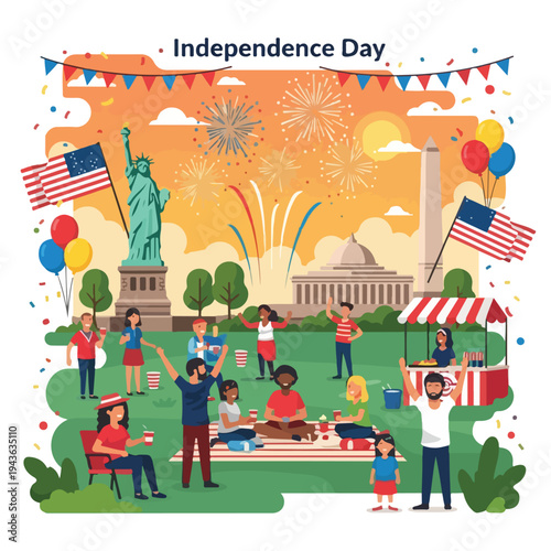 Illustration of a holiday celebration with people, fireworks, and landmarks