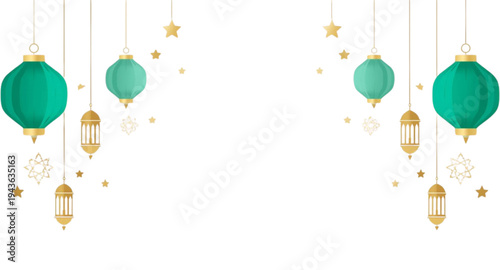 Elegant Ramadan Background with Lanterns and Golden Crescent Moon on Green.