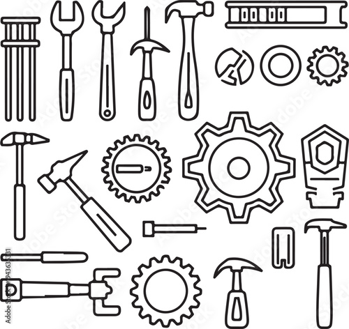 Collection of various hand tools and mechanical parts