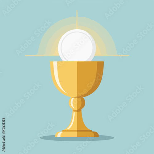 Illustration of golden chalice with a white wafer, with sun rays above