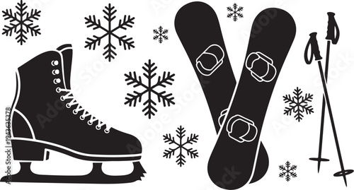 Winter Sports Equipment Illustration with Snowflakes and Accessories