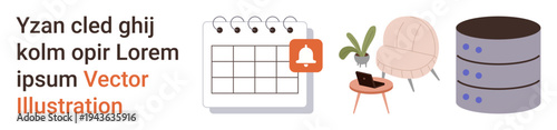 Time management, work organization, data storage, productivity, office design, digital solutions. Features a calendar with notification, cozy workspace furniture and a database server. Time
