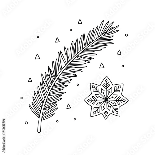 Christmas pine branch and snowflake illustration for holiday design.