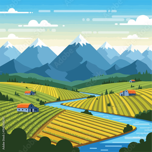 Stylized farmland scene, featuring mountains, river, fields, and small houses