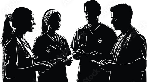 Black and white vector silhouette illustration of diverse medical professionals in scrubs with stethoscopes, discussing patient records during collaborative healthcare teamwork consultation meeting.