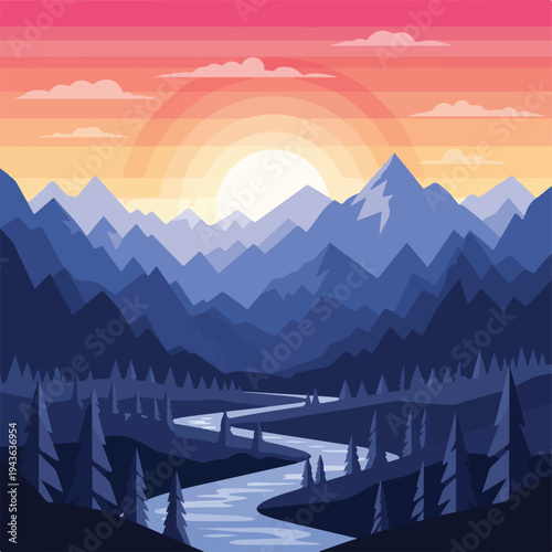 Stylized sunset over layered mountains, river flows