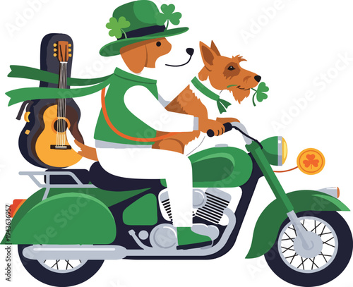 A happy dog dressed as a person wearing a green hat and vest rides a motorcycle with a guitar on the back, celebrating Saint Patrick's Day