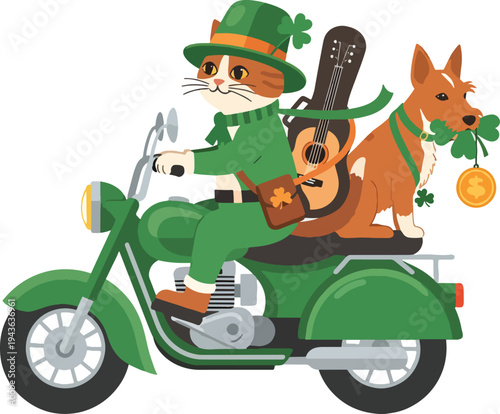 A whimsical St. Patrick's Day scene featuring a cat and dog riding a motorcycle, adorned with shamrocks and a guitar, celebrating Irish luck and festivities