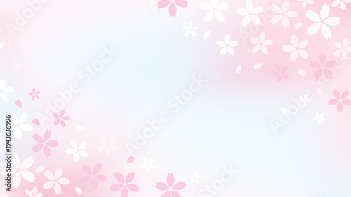 右上と左下に設置した柔らかい印象の桜とピンク・水色のグラデーションの背景16:9