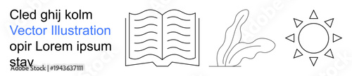 Education, nature, sustainability, environment, learning resources, solar energy. Open book, abstract leaf and sun icons with placeholder text. Education and nature concept visuals