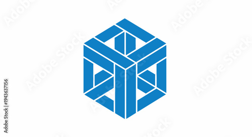 A blue 3D cube graphic design element.
