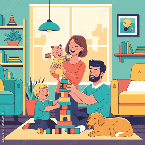 Family happily playing together with a baby, blocks, and a dog