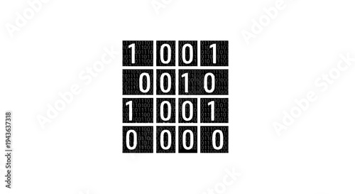 Binary code pattern with black and white squares.