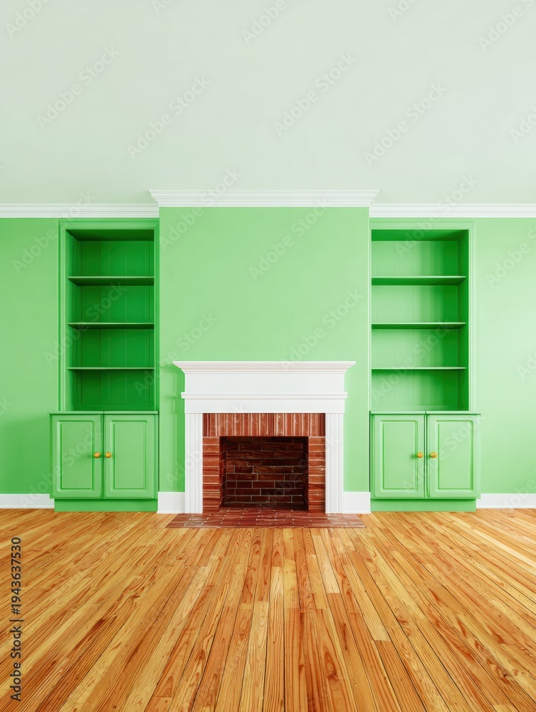 Fototapeta premium Modern Farmhouse Living Room Interior Featuring a White Fireplace Mantel and Built-in Shelving on Green Walls with Hardwood Floors for Real Estate Marketing