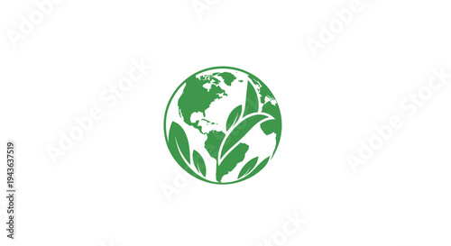Global Green Earth: An artistic emblem representing the Earth intertwined with lush green leaves, symbolizing a harmonious fusion of the planet and nature.