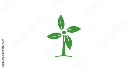 Sustainable Energy: A stylized illustration of a wind turbine, its blades replaced with fresh, green leaves, standing as a symbol of eco-friendly and renewable power. 