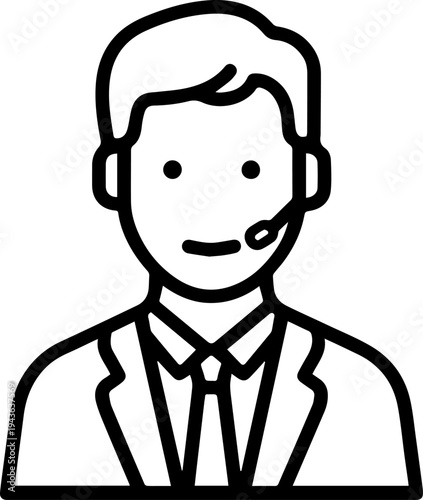 Hand Drawn Male Customer Service Agent Black and White Avatar Illustration in Minimal Line Art Style Design