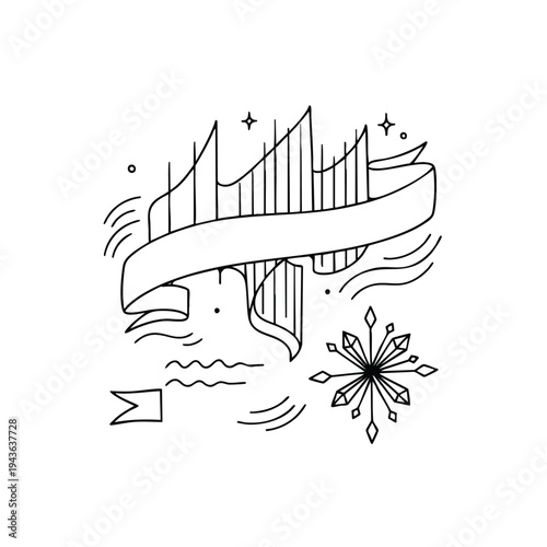 Hand Drawn Aurora Borealis Banner Snowflake Stars.